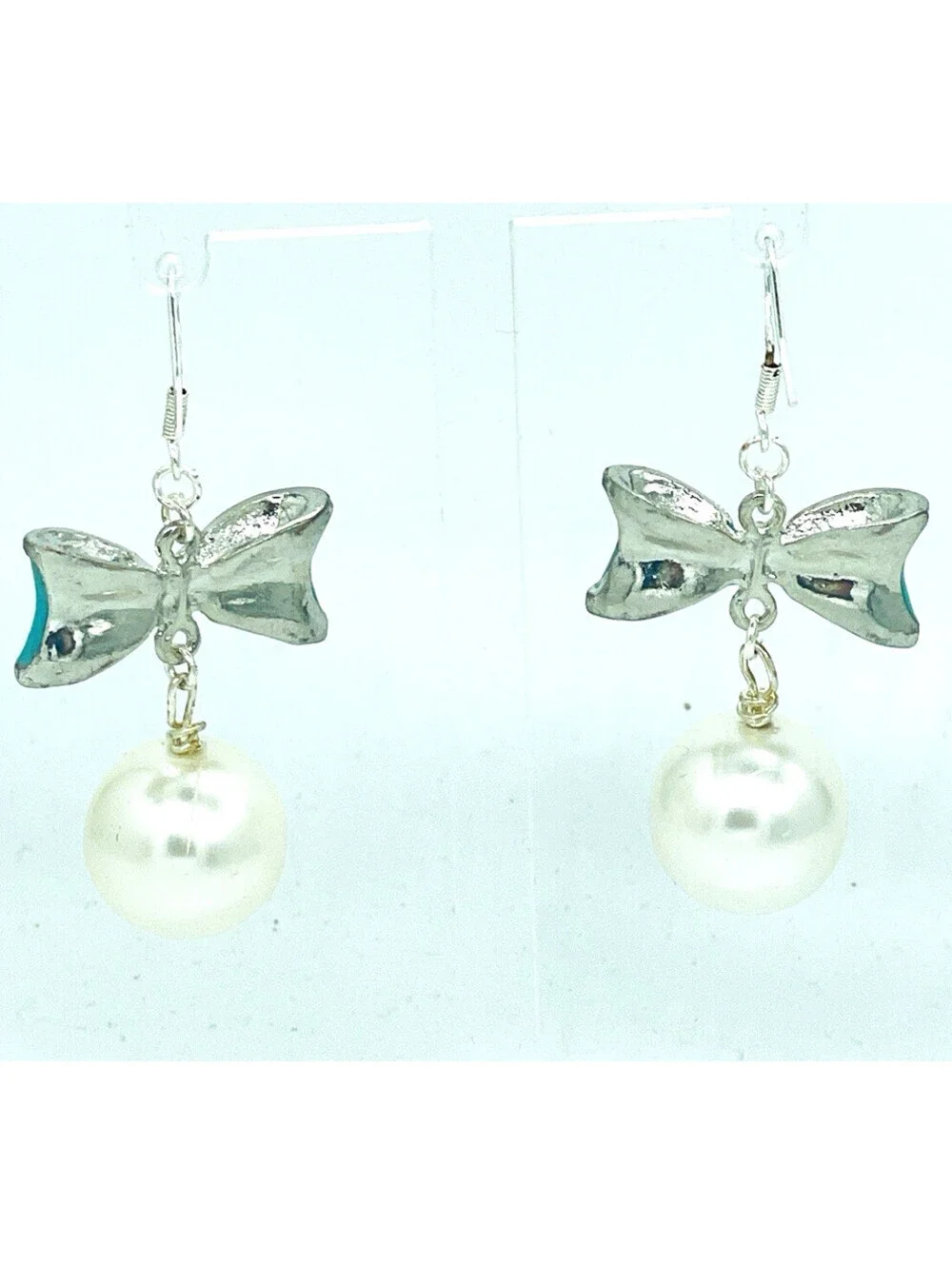 Enamel Blue Bow Large Pearl Drop Earrings Handmade French Hooks Silvertone 15mm